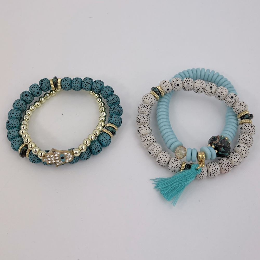 JEAN CLAUDE JEWELRY, FOUR BRACELETS, COLD, WHITE,TURQUOISE,BLUE/GREEN,ADJUSTABLE - Picture 9 of 10